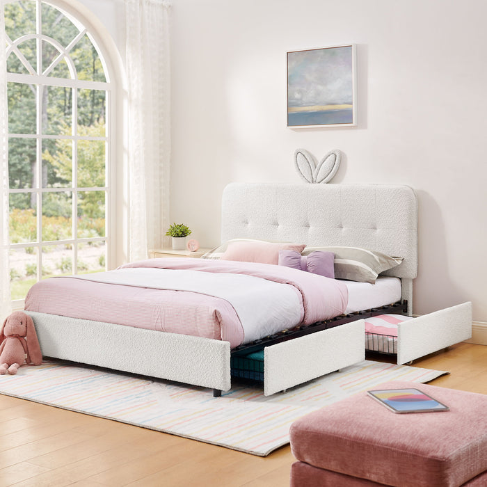 Upholstered Bed With Oversized Rabbit Ear Headboard, LED Lights & 4 Storage Drawers