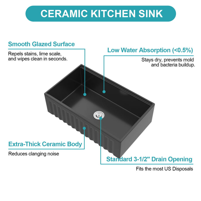 Porcelain Ceramic Farmhouse Sink Workstation With Reversible Apron Design - Single Bowl