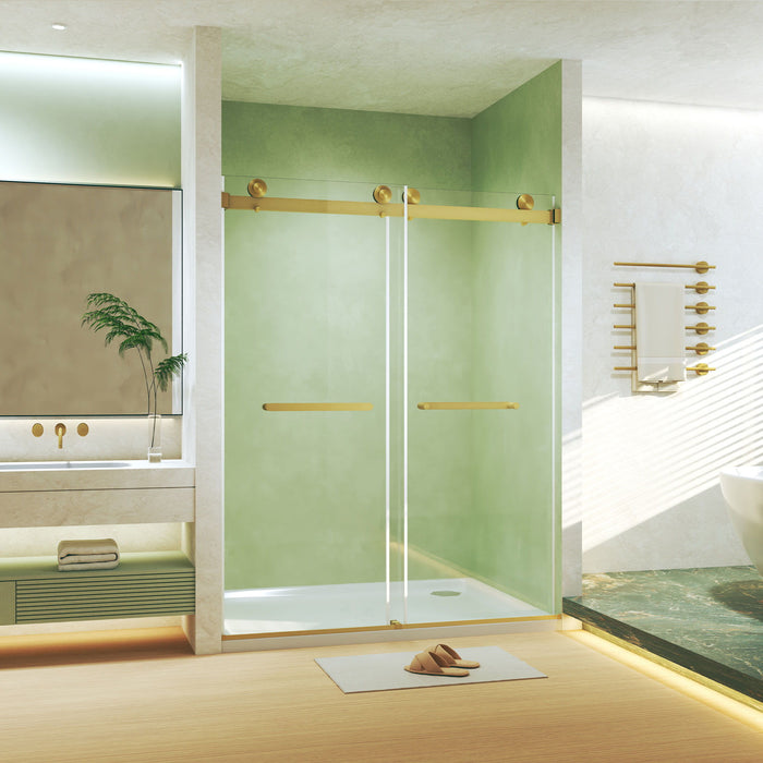 Frameless Double Sliding Shower Door, Tempered Glass, Explosion Proof Film, Square Tube Track - Brushed Gold