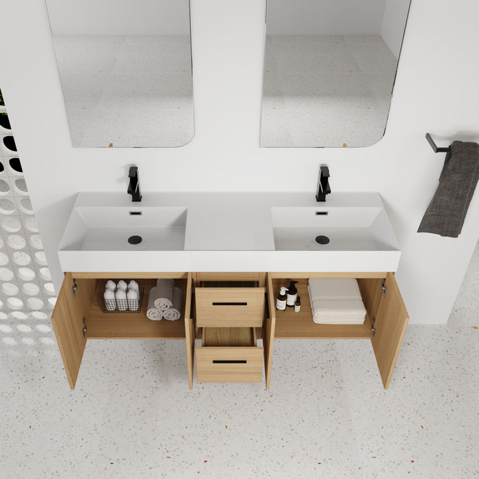 Floating Double Sink Bathroom Vanity With Drawers And Doors, Extra Large Storage, Integrated Sink, Soft Close Hardware - Glossy White / Light Oak
