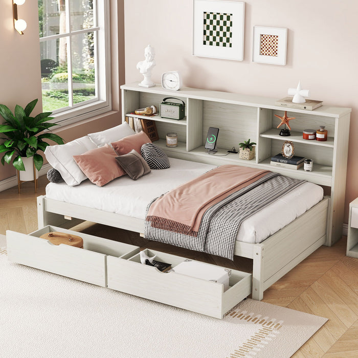 Bed Frame With Side Bookshelves, 2 Drawers, And Built In USB Port