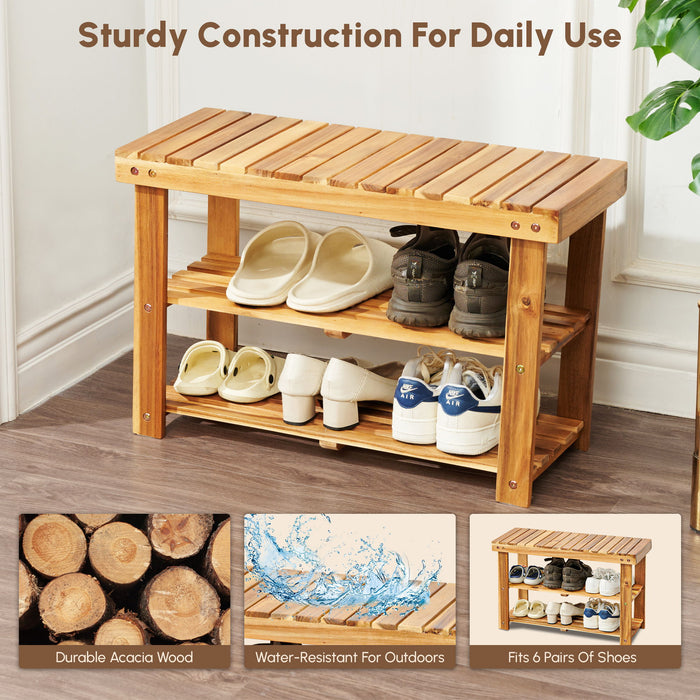 Shoe Rack Bench, 2 Tier Organizer For Entryway - Acacia Wood
