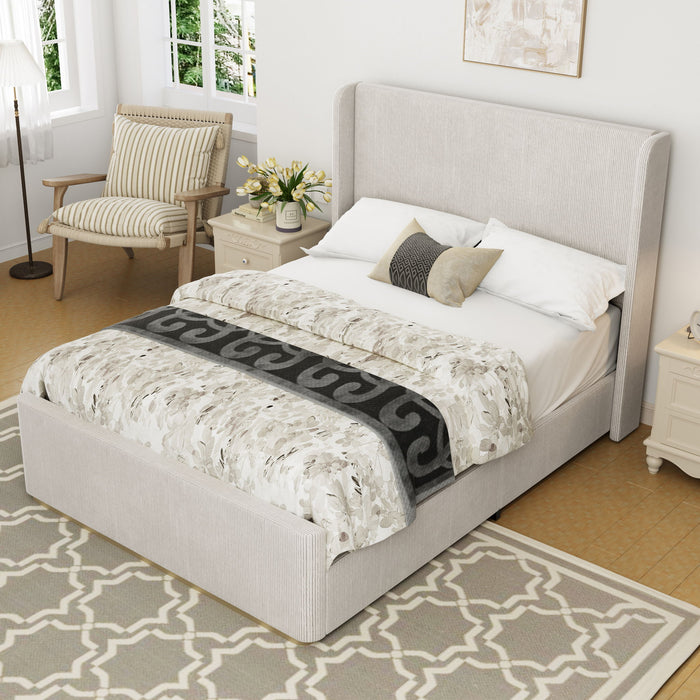 King Size Luxurious Corduroy Upholstered Bed Frame With Vertical Stripe Wingback Headboard And High Footboard - Light Gray
