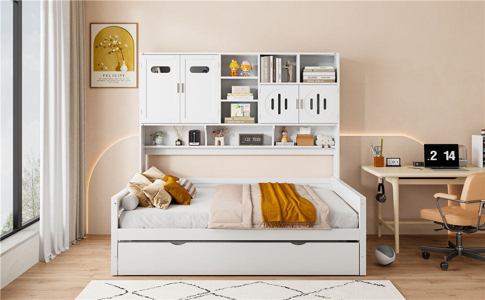 Daybed With All-In-One Cabinet And Shelf