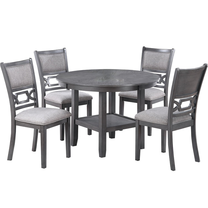 5 Piece Dining Set With Storage Shelves Round Table And Upholstered Side Chairs - Gray