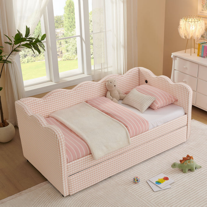 Gingham Daybed With USB Charging Port, Wave Shaped Design