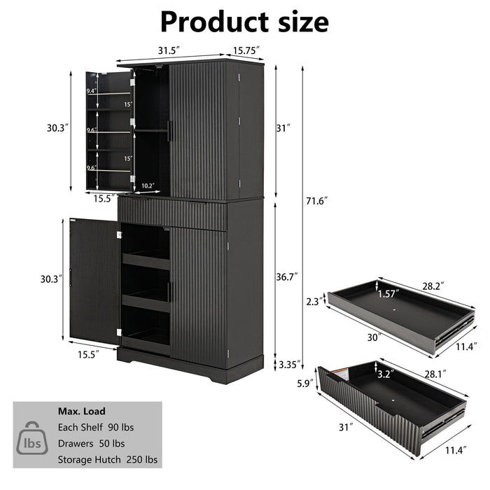 Fluted Kitchen Pantry Cabinet With 3 Keyboard Drawers & 6 Door Shelves Adjustable
