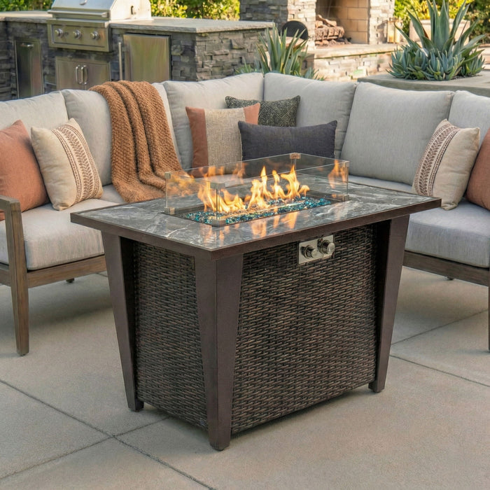 Fire Pit Table, Glass Wind Guard And Rain Cover, Lid - Brown