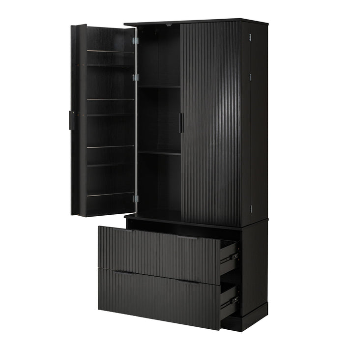 Fluted Kitchen Pantry Cabinet With 2 Large Drawers & 8 Door Spice Rack Freestanding Storage Organizer - Black