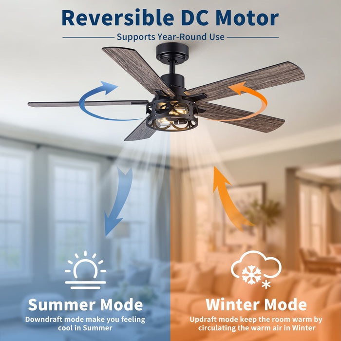 Ceiling Fan With Light, Dual‑Sided Matte Black & Wood Grain Blades - Black