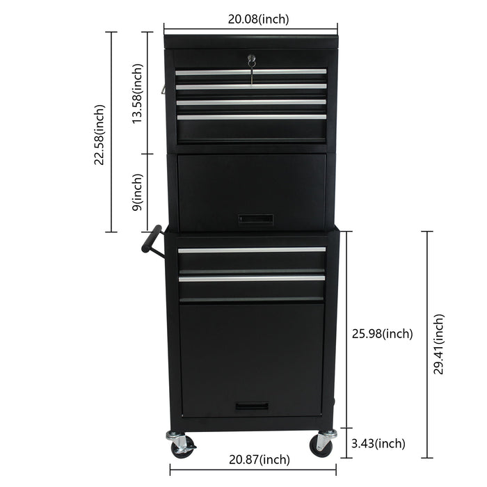 6 Drawer Lockable Tool Cabinet On Wheels, Steel Rolling Tool Chest With Detachable Toolbox