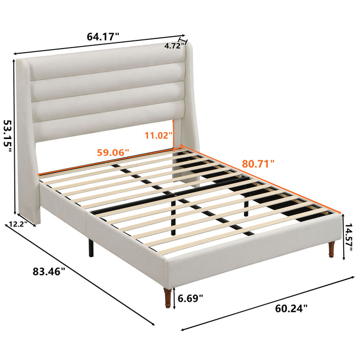 Modern Upholstered Platform Bed With Wave Shaped Headboard