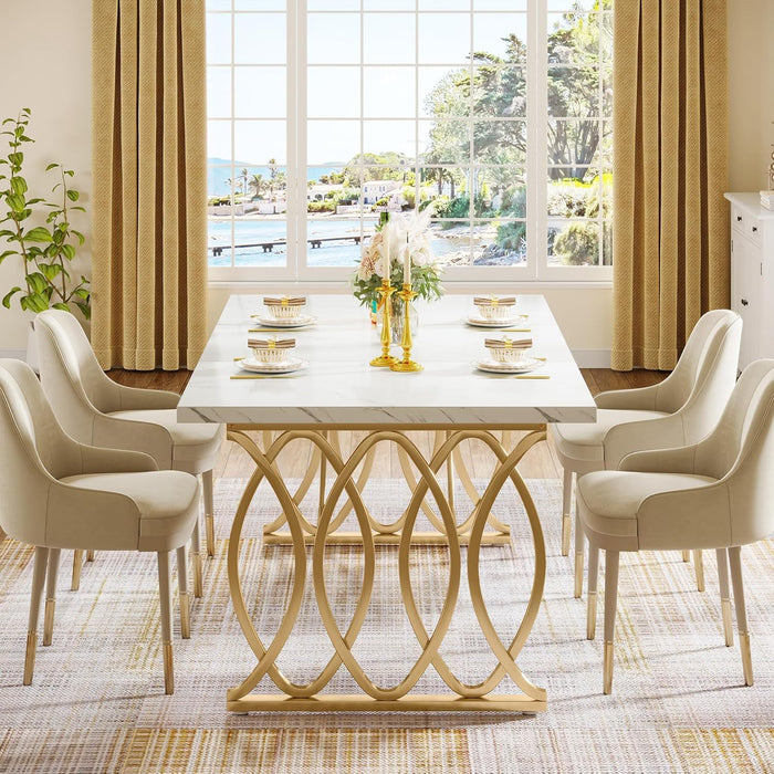 Large Rectangular Dining Table Kitchen Table With Geometric Legs - White / Gold