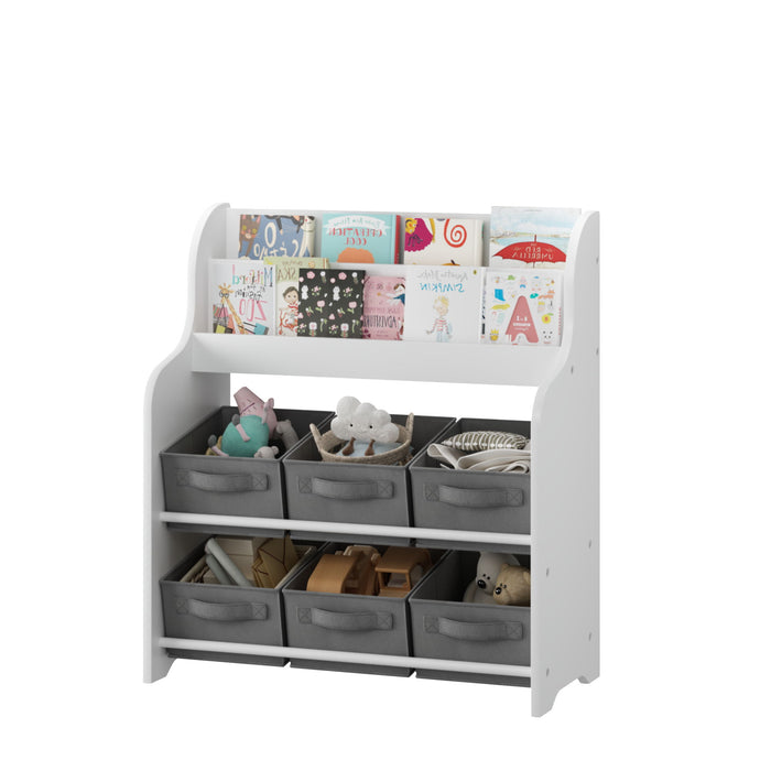 Bookshelf With 6 Storage Bins, Multi Functional Children's Bookcase And Toy Organizer - White
