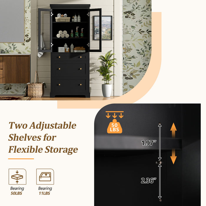 Freestanding Tall Bathroom Cabinet With Adjustable Shelves, Drawers, Soft Close Glass Doors