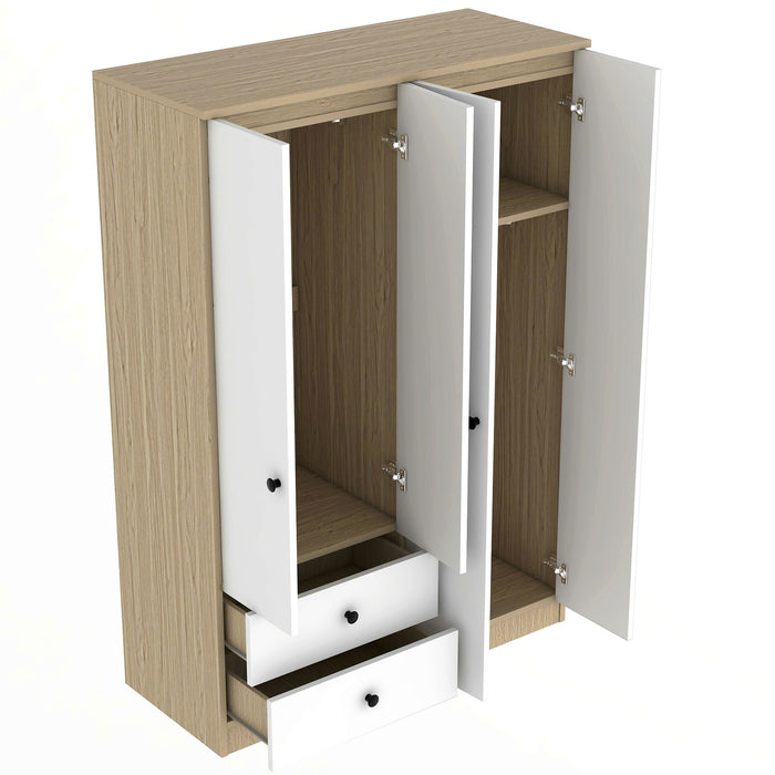 4 Door Wardrobe Closet With Drawers, Shelf, And Hanging Rod - White / Natural