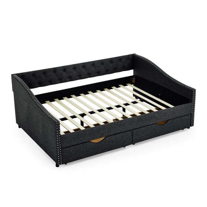 Upholstered Tufted Daybed With 2 Drawers, Waved Arms