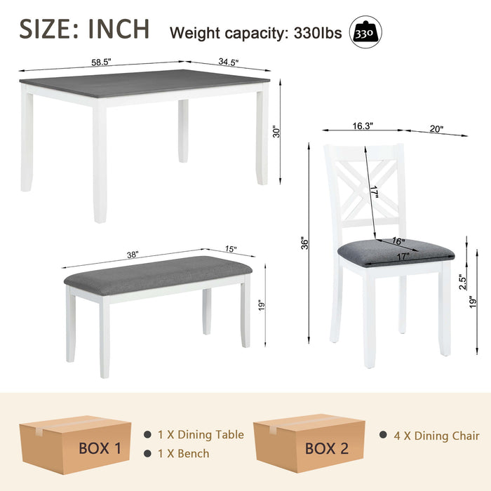 6 Piece Kitchen Dining Set, Rectangular Dining Table With 4 Upholstered Chairs And Bench - Gray / White