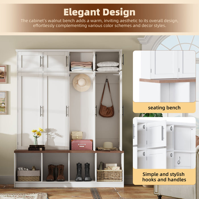 Farmhouse Hall Tree With 4 Hidden Hanging Hooks And 8 Doors