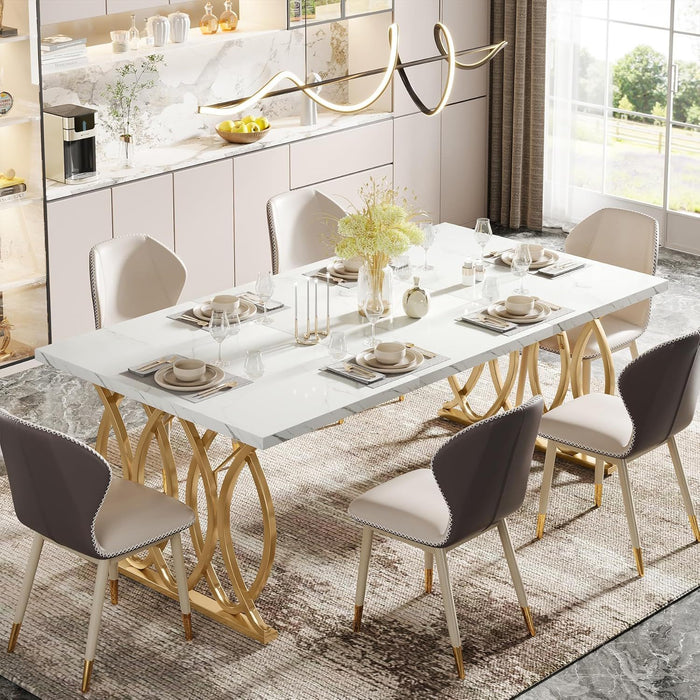 Large Rectangular Dining Table Kitchen Table With Geometric Legs - White / Gold