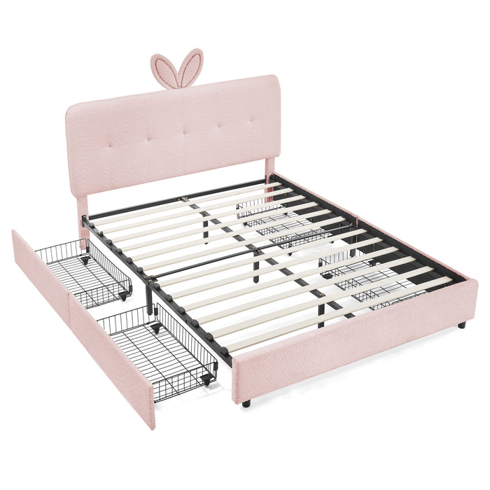 Upholstered Bed With Oversized Rabbit Ear Headboard, LED Lights & 4 Storage Drawers
