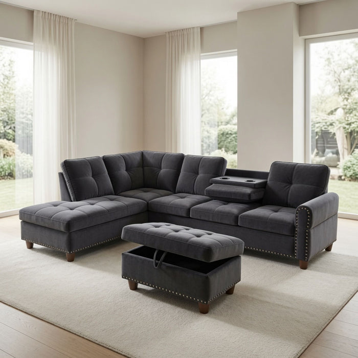 L - Shaped 3 Piece Sectional Sofa With Chaise, Storage Ottoman & Cup Holders