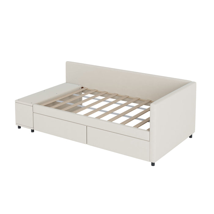 L Shaped Upholstered Platform Bed With Storage And Drawers