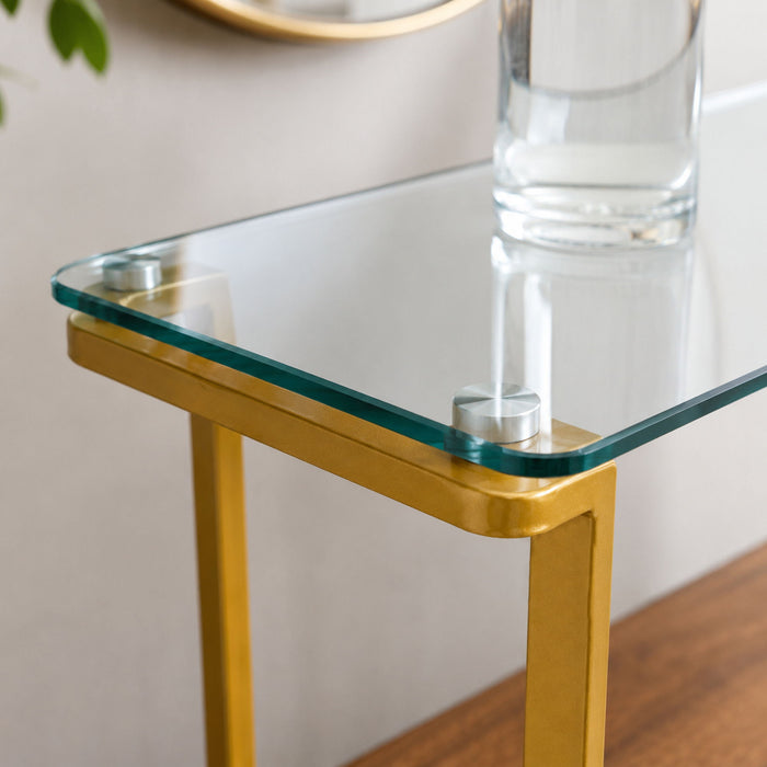 Console Table With Shelf, 2 Tier Living Room - Gold / Walnut