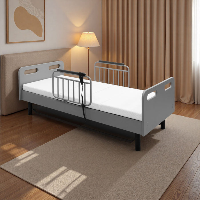 Electric Adjustable Hospital Bed For Home Use With Wired Remote Control, Memory Foam Mattress - Gray / White