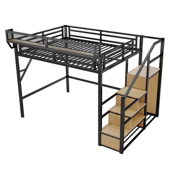 Queen Size Loft Bed & Stairs, Storage Shelves, Wardrobe - Black / Wood