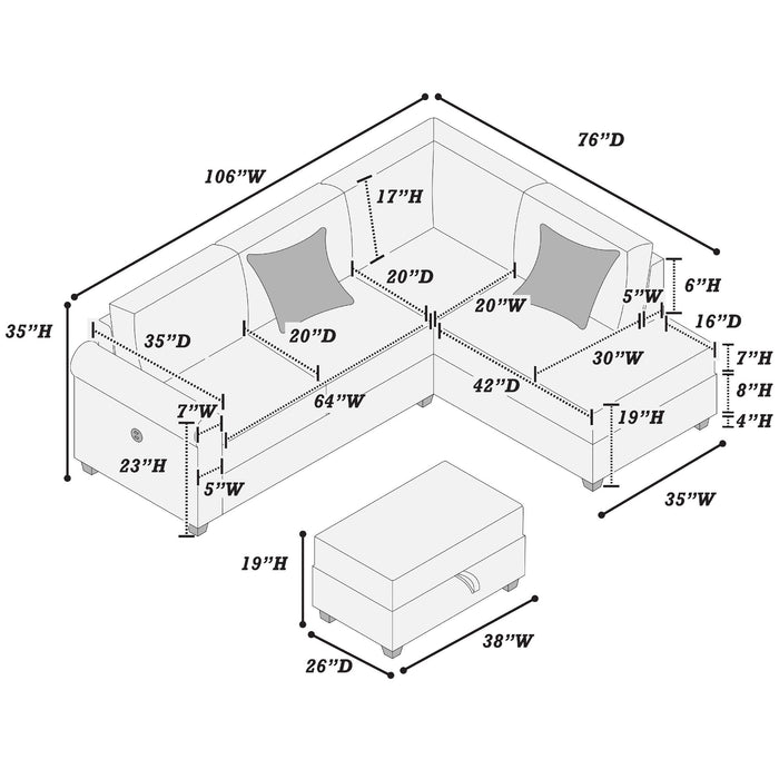 Contemporary Sectional Set With Right Arm Chaise, Left Arm Sofa With USB Port, Storage Ottoman