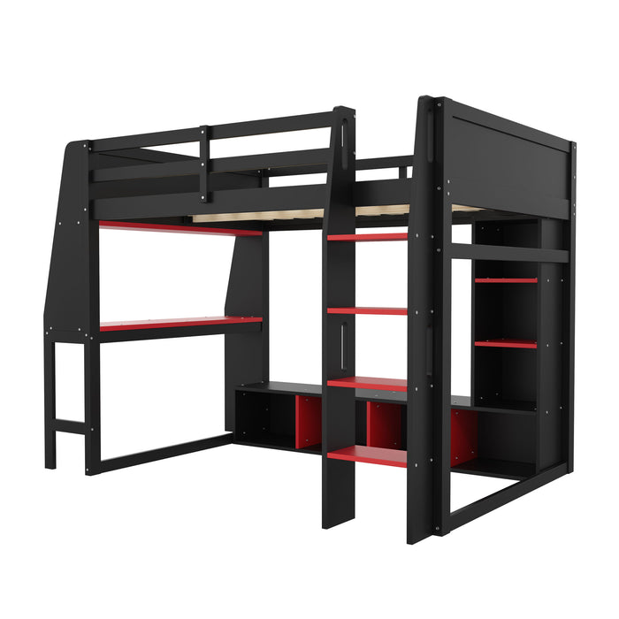 Gaming Loft Bed With Desk, Multi Storage Shelves, LED Lighting, And Hanging Clothes Rack