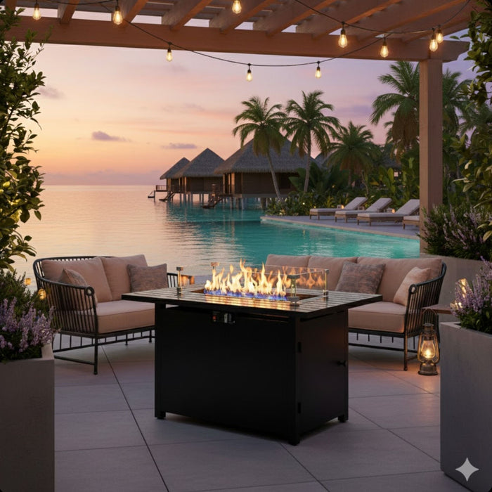 Outdoor 2 In 1 Gas Fire Pit Table With Lid & Glass Shield, Stainless Burner, Lava Rock, Rectangular Design - Black