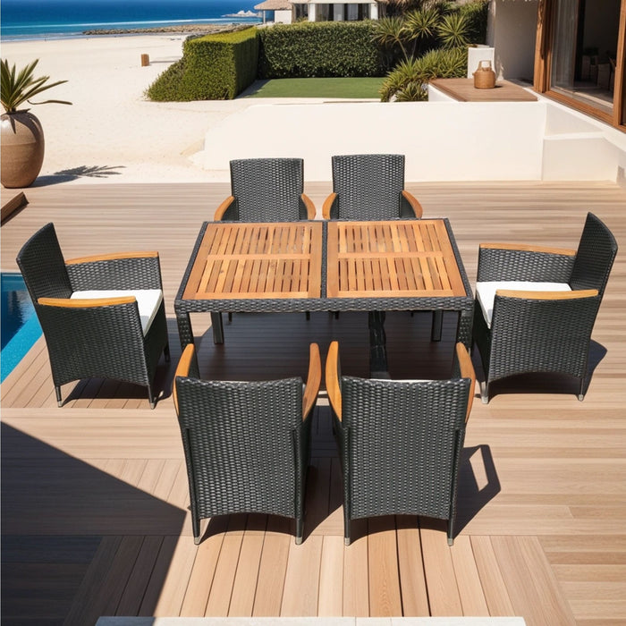 Outdoor Patio Wicker Dining Set With Acacia Wood Top