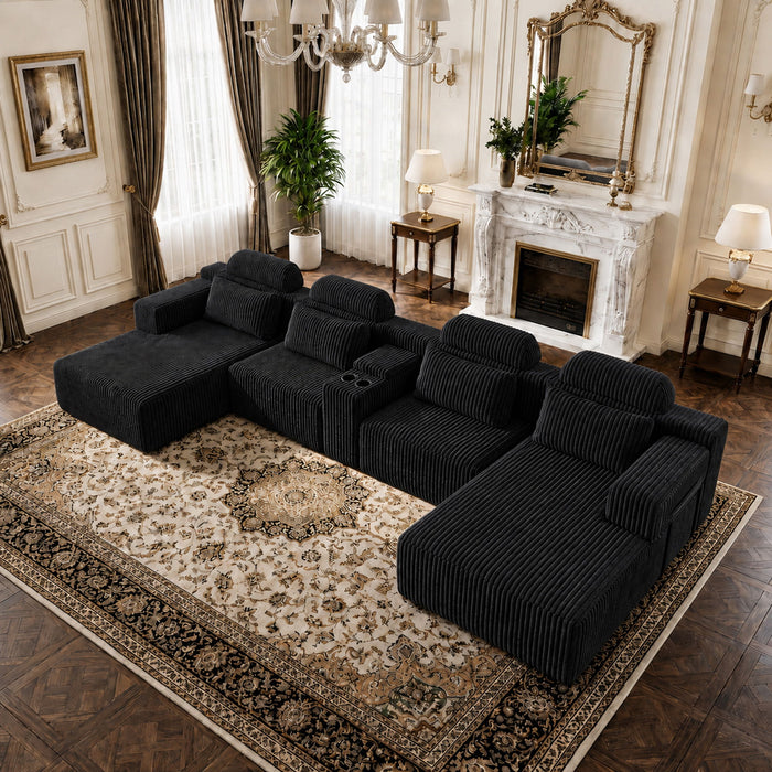 U-Shaped Sectional Sofa With Chaise Lounge And Cup Holders