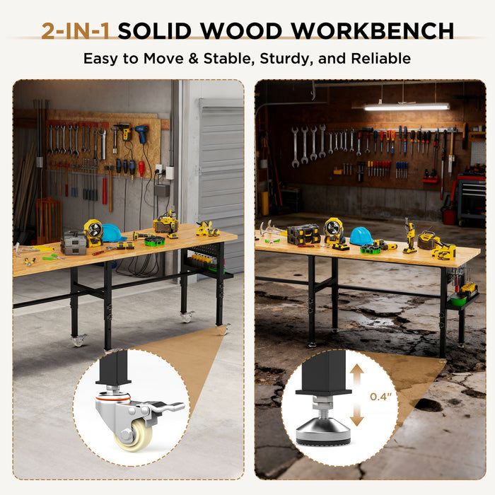 Adjustable Workbench, Side Pegboard, 4 Height Settings, Power Outlet, Storage Box, Wheels Or Leveling Feet - Black