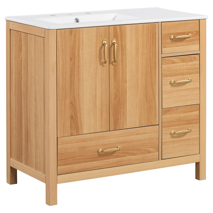 36" Bathroom Vanity, 2 Soft Close Doors, 4 Soft Close Drawers, Adjustable Shelf, Storage Cabinet - Acacia Wood