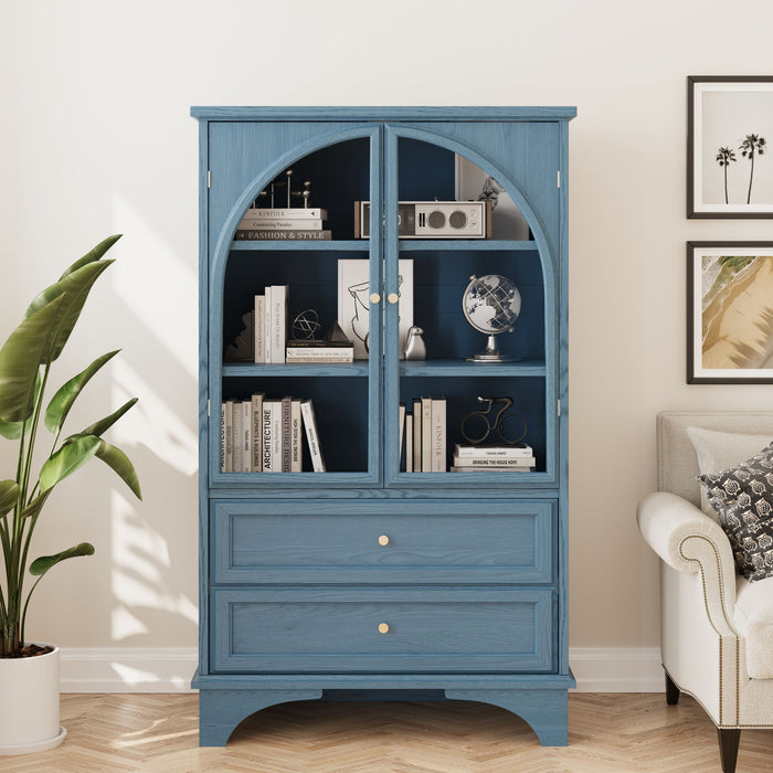Glass Door Display Case With 2 Drawers And Adjustable Shelf