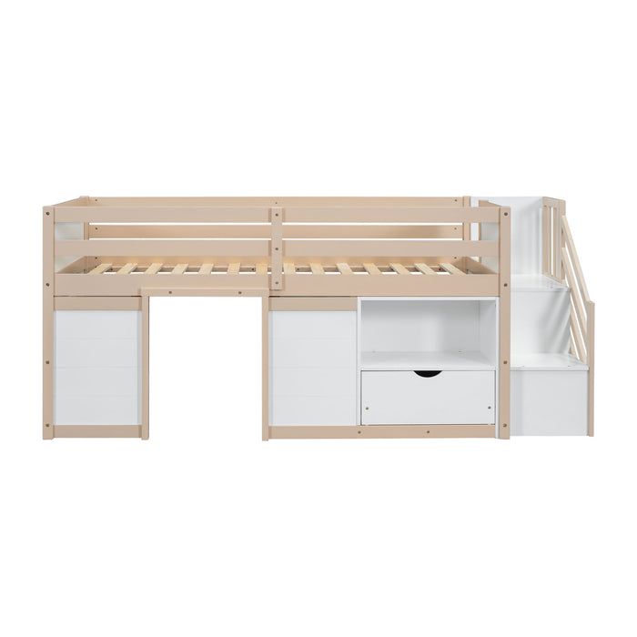 Low Loft Bed With Stair, Drawer, And Shelf