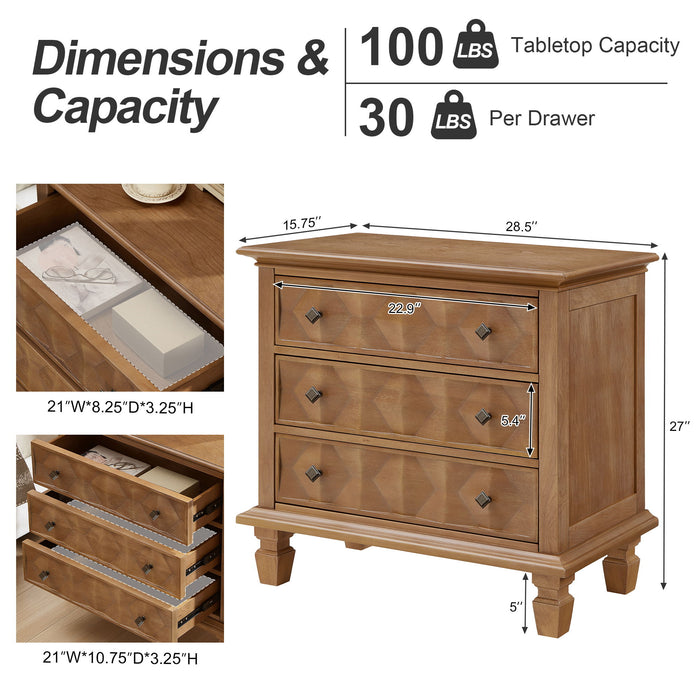 Nightstand With Charging Station, 3 Drawer Bedside Table - Natural Wood