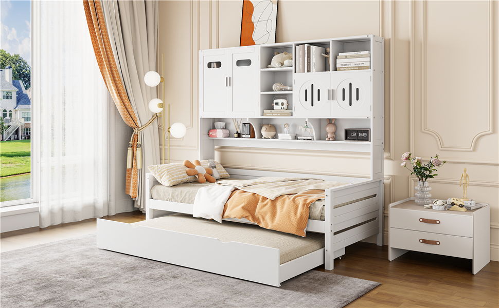 Daybed With All-In-One Cabinet And Shelf