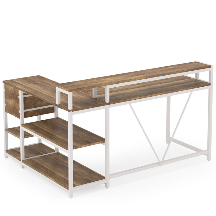 L-Shaped Home Office Desk With Monitor Riser, Drawers, And Storage Shelves