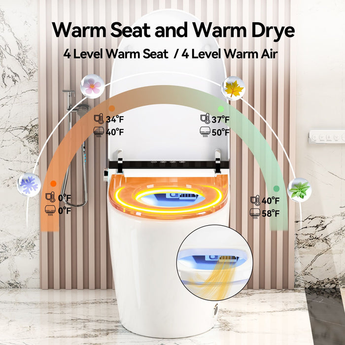 Smart Heated Bidet Toilet With Auto Open / Close Seat, Warm Water Wash, Dryer, And LED Display - White