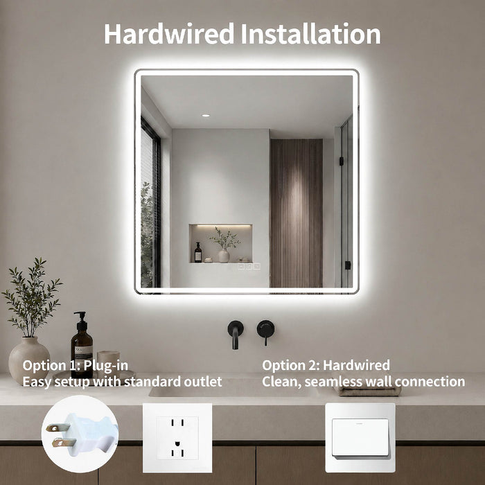 36 X 36 LED Bathroom Mirror With Dimmable Frosted Light Band, 3 Color Temperatures, Anti Fog, Memory & Auto Off - Silver
