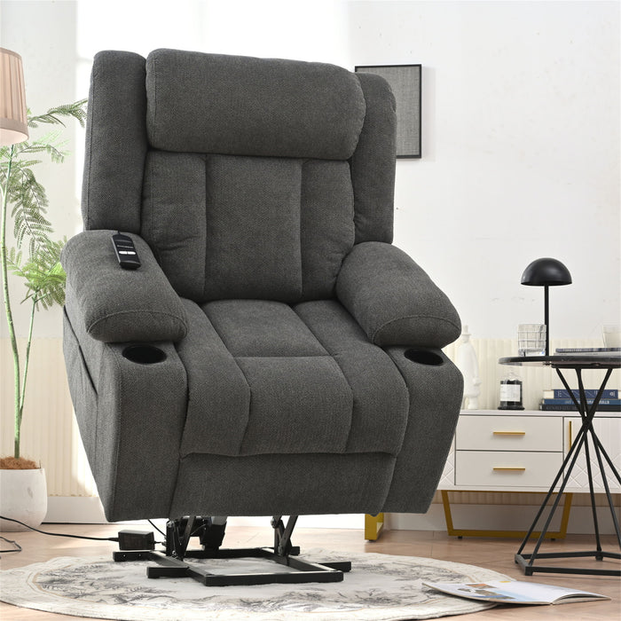 Power Lift Recliner Chair With Extended Footrest, Remote Control, Cup Holders, And Side Pockets