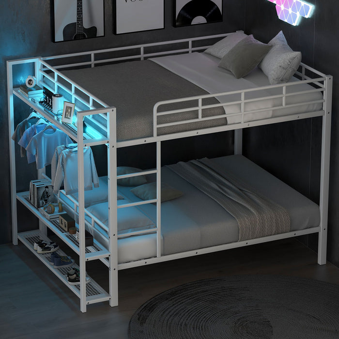 Bunk Bed With Storage Mesh Shelves, Clothes Hooks, LED Light