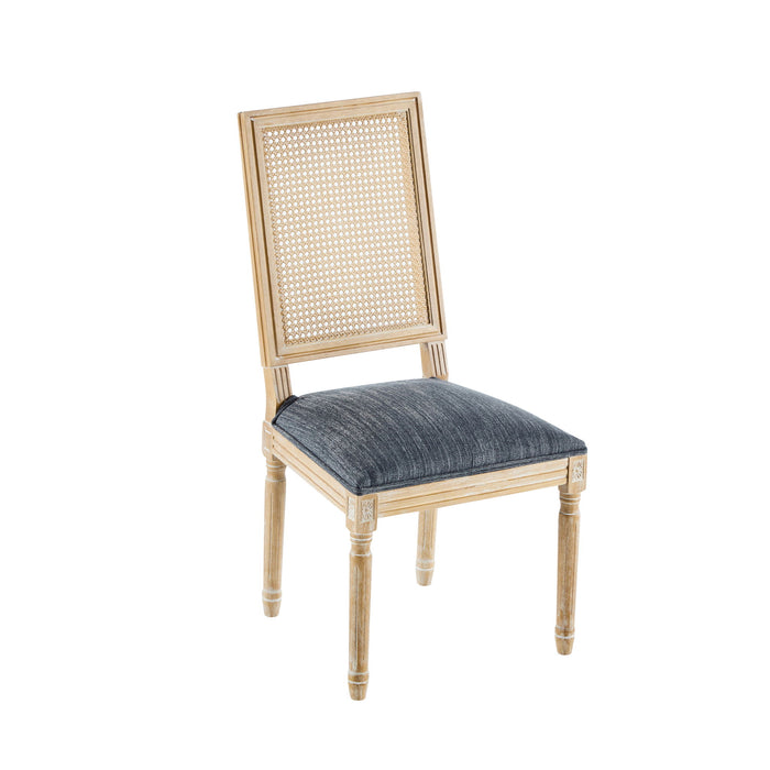 French Country Dining Chair With Rectangular Cane Backrest And Smooth Upholstered Seating