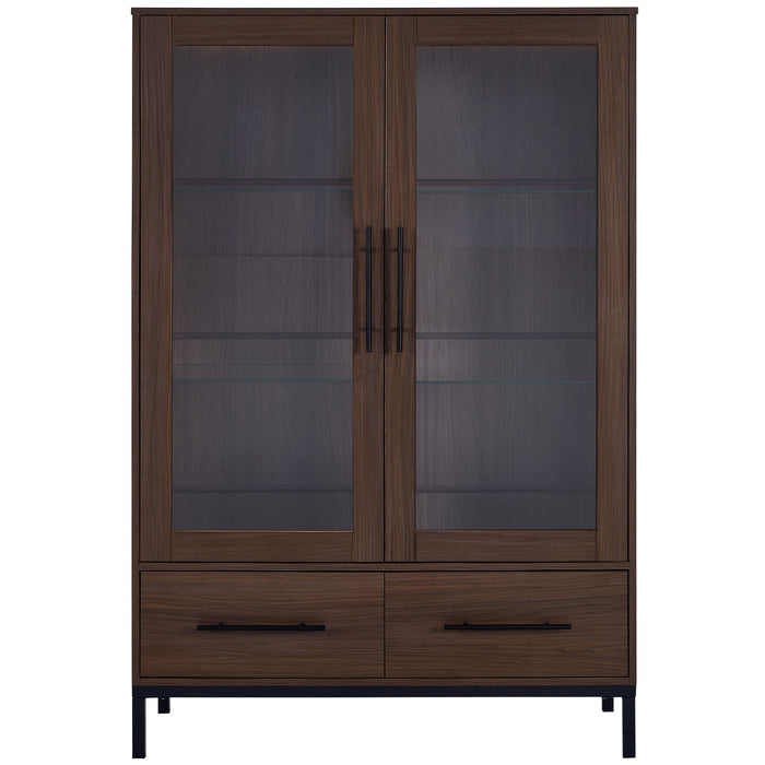 Modern Style Tall Display Cabinet With LED Lighting, Tempered Glass Door, 2 Drawers