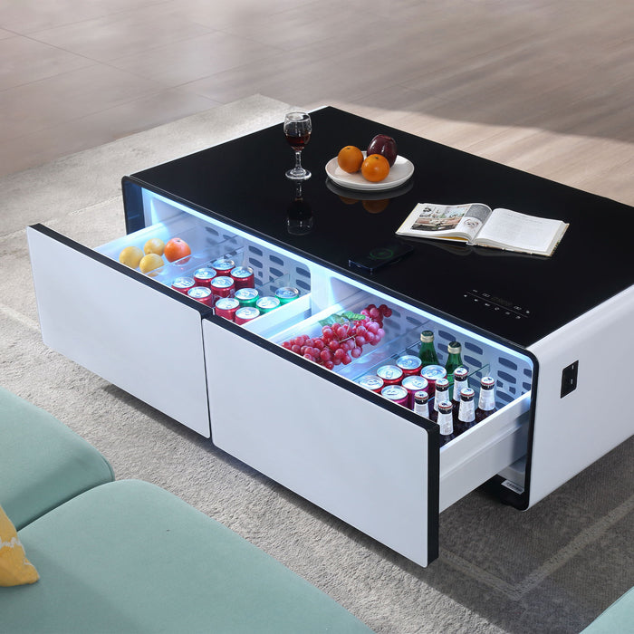 Modern Smart Coffee Table With Built-In Fridge, tooth Speaker, Wireless Charging Module, Touch Control Panel, Power Socket, USB Interface, Outlet Protection, Atmosphere Light