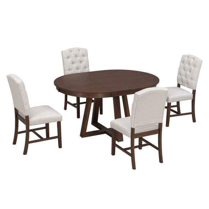 Dining Set With Leaf Round Table And 4 Upholstered Chairs
